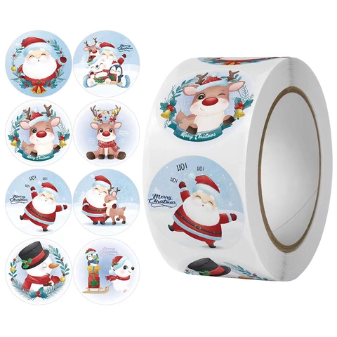 Etichette Adesive Natalizie Cartone Animato Babbo Natale Renna Carta Adesiva Tonda Per Confezioni Regalo Decorazione