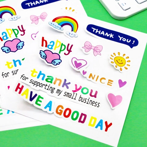 Thank You Adhesive Stickers Rainbow Heart Decorative Labels For Small Business Packaging Gift Decor Cartoon Style Colorful
