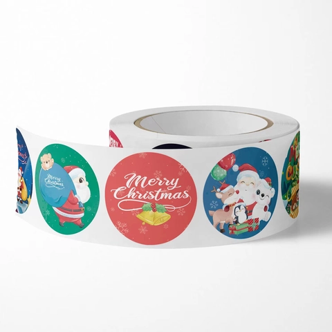 Runde Frohe Weihnachten Selbstklebende Etiketten Aufkleber Rolle Cartoon Weihnachtsmann Rentier Bäume Für Feiertagsgeschenk Dekoration