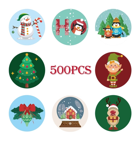 Christmas Round Sealing Stickers Cartoon Snowman Reindeer Patterns Decorative Labels For Holiday Gift Packaging Envelope