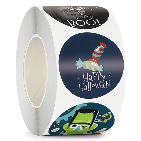 Adesivi Halloween Rotondi Cartoni Zucca Fantasma Strega Modelli Etichette Carta Autoadesive Per Decorazione Festa Sigilli Regalo