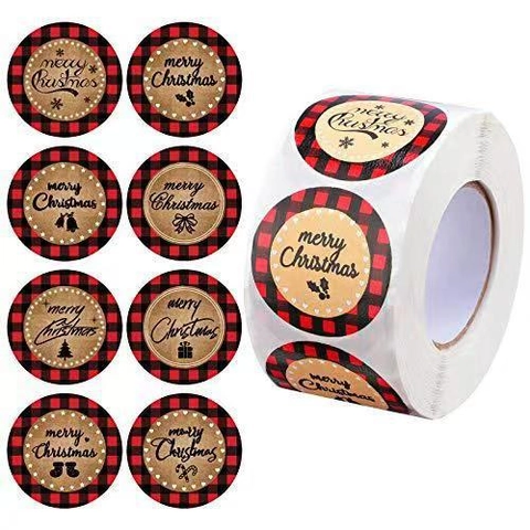 Adesivi Di Buon Natale Etichette Rotonde Plaid Kraft Autoadesive Decorazione Di Confezioni Regalo Festive