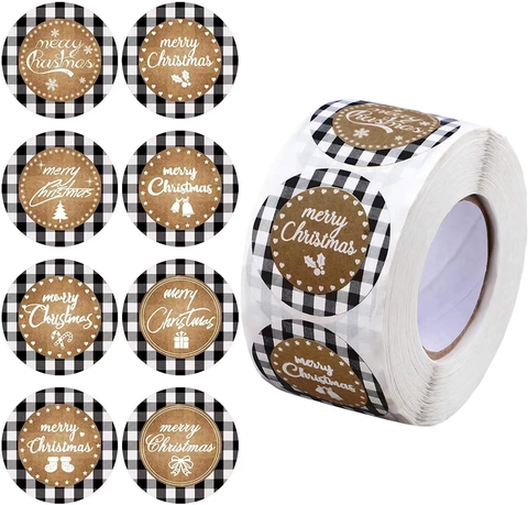 Adesivi Di Buon Natale Etichette Rotonde Plaid Kraft Autoadesive Decorazione Di Confezioni Regalo Festive