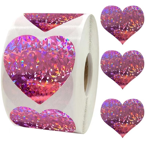 Holographic Heart Stickers Laser Valentine Day Pink Self Adhesive Labels For Gift Wrapping Envelope Seal Decoration