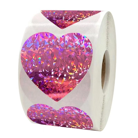 Holographic Heart Stickers Laser Valentine Day Pink Self Adhesive Labels For Gift Wrapping Envelope Seal Decoration