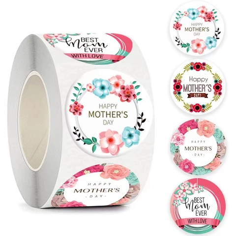 Joyeuse Fête Des Mères Autocollants Ronds Étiquettes Florales Auto-Adhésives Pour Emballage Cadeau Scellage D'enveloppe