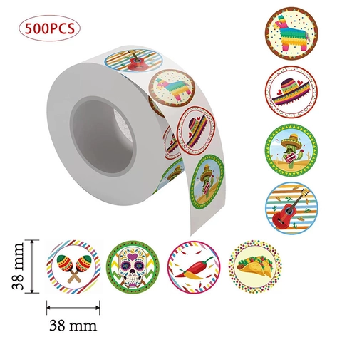 Rouleau Autocollant Rond Thème Fiesta Mexicaine Motifs Décoratifs Auto Adhésifs Pour Décoration Fête Festival DIY Scrapbooking