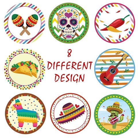 Rouleau Autocollant Rond Thème Fiesta Mexicaine Motifs Décoratifs Auto Adhésifs Pour Décoration Fête Festival DIY Scrapbooking