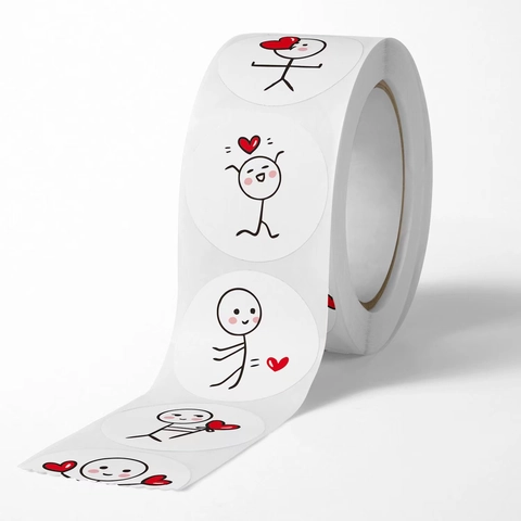 Rouleau d'Autocollants Adhésifs Ronds Bonhomme Allumette Cœur Pour Décoration de Scrapbook et Scellage de Cadeaux