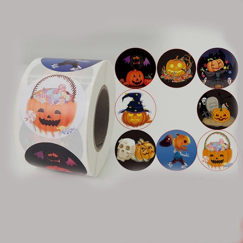Autocollants Halloween Rouleau Rond Citrouille Fantôme Crâne Motifs Dessins Animés Étiquettes Décoratives Pour Sceau Cadeau