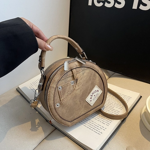 Damen Runde Umhängetasche PU Leder Denim Textur Patchwork Tasche Mit Nieten Kreis Handtasche Lässig Mode