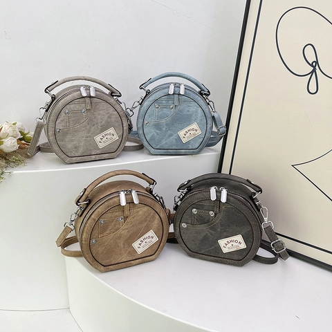 Damen Runde Umhängetasche PU Leder Denim Textur Patchwork Tasche Mit Nieten Kreis Handtasche Lässig Mode