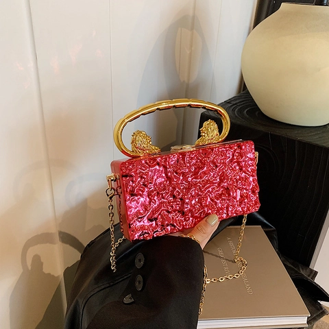 Women Evening Clutch Bag Lion Head Handle Metallic Texture Hard Shell Box Crossbody Handbag Chain Strap Party Luxury