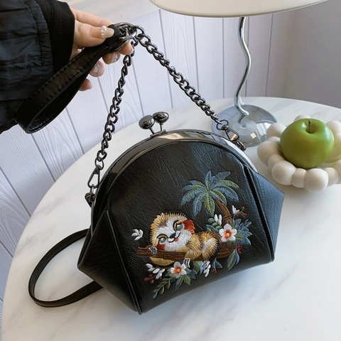 Vintage Kussverschluss Muschel Umhängetasche Retro PU Leder Schultertasche Mit Faultier Tropen Stickerei Metallkette
