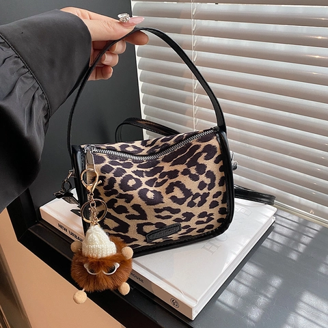 Women Vintage Leopard Print Crossbody Bag Small PU Leather Pillow Handbag Retro Shoulder Bag With Plush Monster Pendant Fashion Daily Bag