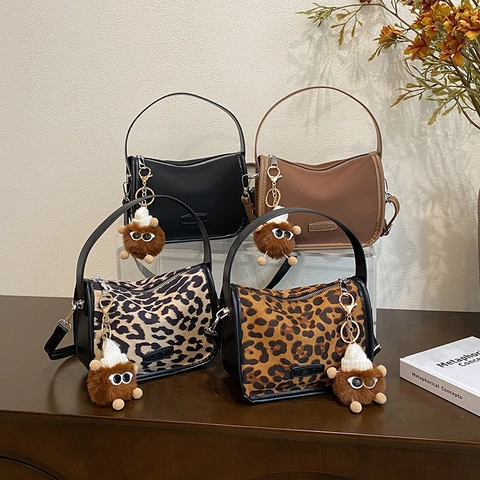 Women Vintage Leopard Print Crossbody Bag Small PU Leather Pillow Handbag Retro Shoulder Bag With Plush Monster Pendant Fashion Daily Bag