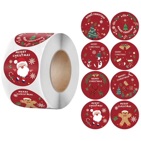 Autocollants Cadeau Noël Ronds Étiquettes Autocollantes Décoration Festive Joyeux Noël Père Noël Bonhomme De Neige Rouge