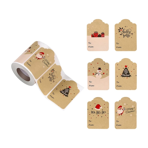 Christmas Gift Tag Stickers Kraft Paper Self Adhesive Labels For Holiday Gifting With Santa Snowman To From Writing Area
