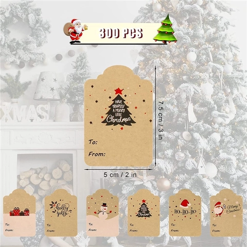 Christmas Gift Tag Stickers Kraft Paper Self Adhesive Labels For Holiday Gifting With Santa Snowman To From Writing Area