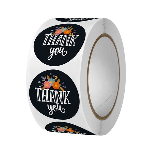Rotolo Di Adesivi Thank You Floreali Neri Rotondi Etichette Sigillanti Per Confezioni Regalo Matrimonio Festa Decorazione Imballaggio
