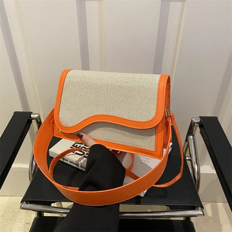 Borsa A Tracolla Donna Tela E Pelle PU Patchwork Patta Ondulata Colore A Contrasto Borsa A Spalla Moda Quotidiana