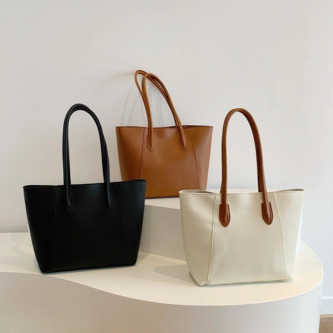 Women Large Capacity Tote Bag Minimalist PU Leather Shoulder Bag Casual Commuting Underarm Bag Solid Color Versatile Tote
