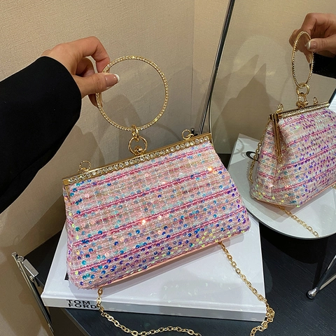Pailletten Tweed Umhängetasche Damen Mit Strass Ringgriff Und Goldkette Für Abendparty Elegante Handtasche