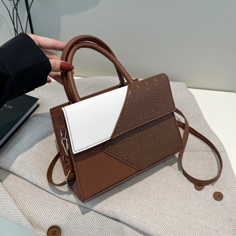 Bolso De Mano Para Mujer Patchwork Cuero PU Patrón Cocodrilo Color Contraste Bolso Bandolera Bolso Hombro Asa Moda Bolso Caja Pequeño