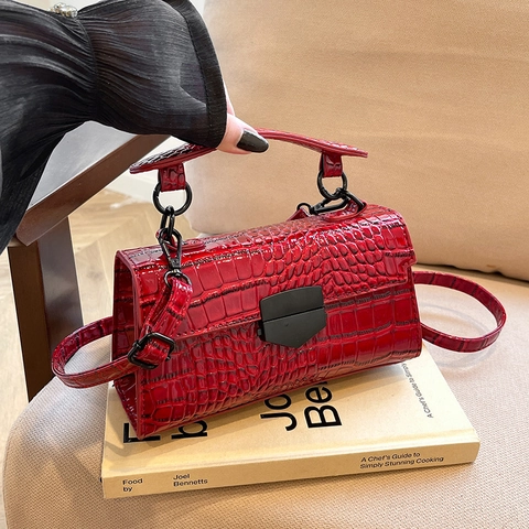Vintage PU Leather Small Square Crossbody Bag With Crocodile Pattern Top Handle Metal Buckle Chic Women Handbag
