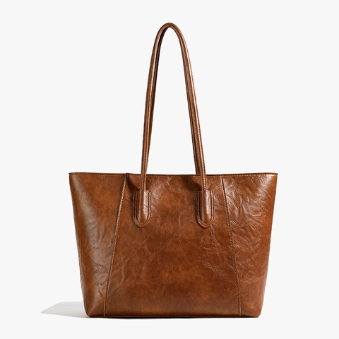 Vintage Large Capacity Tote Bag High Quality PU Material Women Shoulder Bag Casual Travel Handbag Minimalist Solid Color