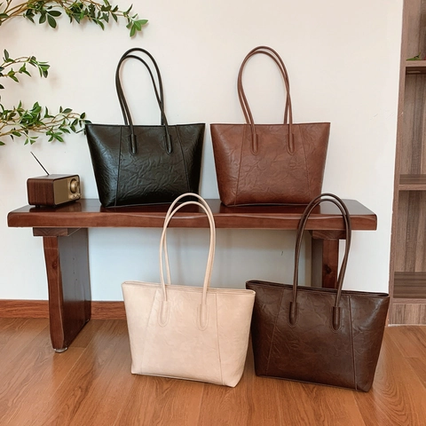 Vintage Large Capacity Tote Bag High Quality PU Material Women Shoulder Bag Casual Travel Handbag Minimalist Solid Color