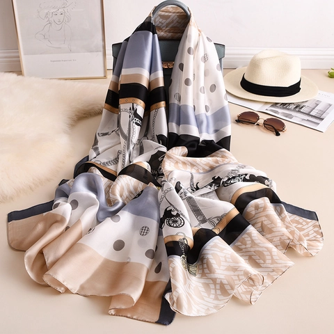 Französischer Luxus-Stil KunstSatin Schal Für Damen Retro-Kutschen-Ketten-Druck Großer Quadratischer Satin-Schal Eleganter Wickel