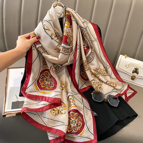 Baroque Floral Printed Satin Scarf For Women Vintage Palace Style Chain Shawl Wrap Large Sun Protection Decorative Headband