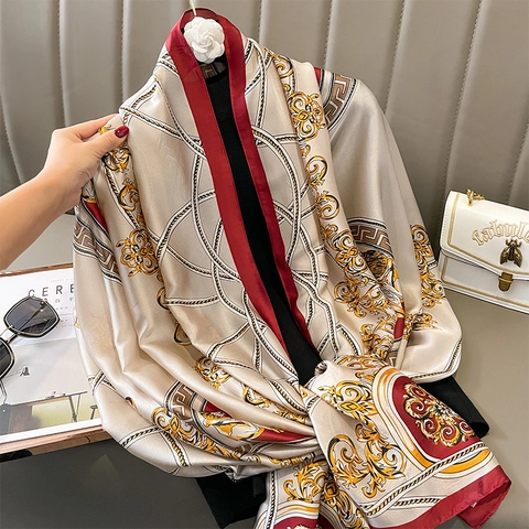 Baroque Floral Printed Satin Scarf For Women Vintage Palace Style Chain Shawl Wrap Large Sun Protection Decorative Headband