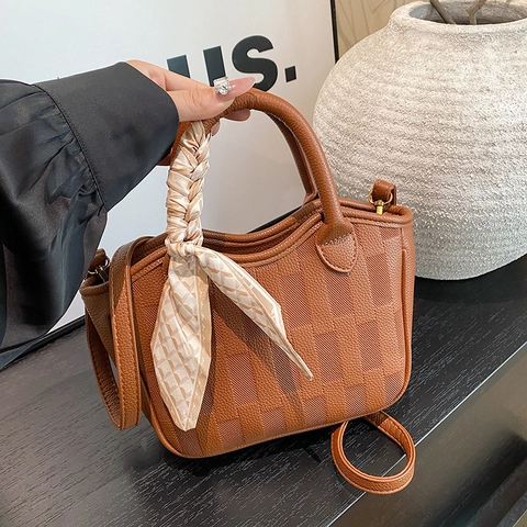 Damen Kariert Geprägt PU Leder Handtasche Mit Seidenschal Dekoration Elegant Klein Tote Schulter Umhängetasche Für Den Alltag