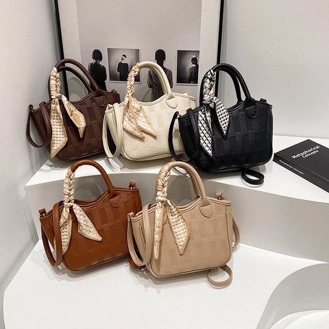Damen Kariert Geprägt PU Leder Handtasche Mit Seidenschal Dekoration Elegant Klein Tote Schulter Umhängetasche Für Den Alltag
