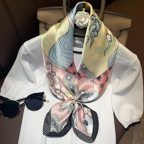 Sciarpa Quadrata Donna Imitazione Raso Satin Stampata Motivi Geometrici Astratti Scialle Protezione Solare Con Fibbia