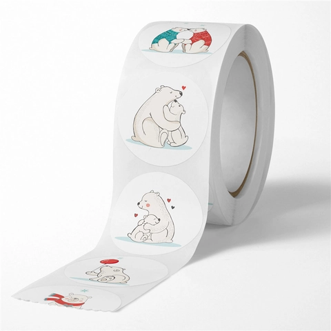Cartoon Polar Bear Round Adhesive Stickers Roll Cute Animal Reward Labels For Teacher School Student Gift Packaging Sealing Decoration Christmas Party Supplies