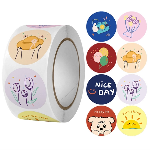 Autocollants De Dessins Animés Ronds Papier Adhésif Cuivré Étiquettes Décoratives Scrapbooking Bricolage Illustration Mignonne
