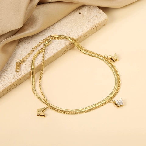 Double Layer Butterfly Anklet Stainless Steel Gold Plated Zircon Snake Link Chain Adjustable Summer Beach Jewelry Women