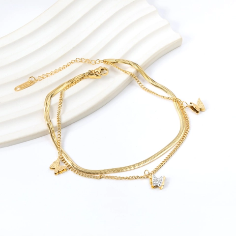Double Layer Butterfly Anklet Stainless Steel Gold Plated Zircon Snake Link Chain Adjustable Summer Beach Jewelry Women