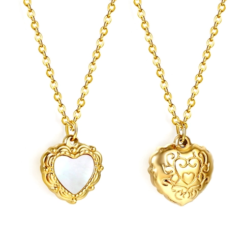 Heart Pendant Necklace Stainless Steel Gold Plated White Shell Texture Vintage Double Sided Clavicle Chain For Women