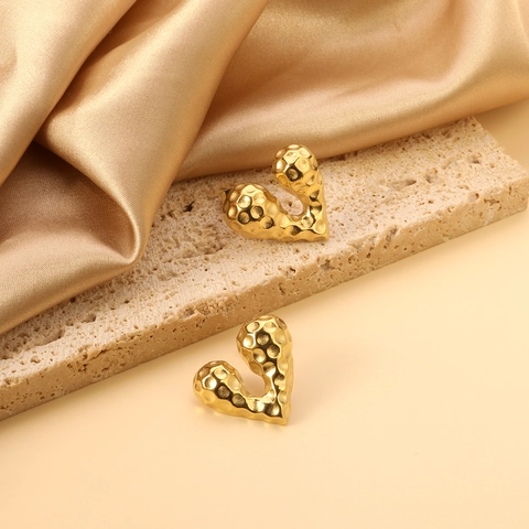 Hammered Texture Heart Stud Earrings Stainless Steel 18K Gold Plated Minimalist Exaggerated Fashion For Women