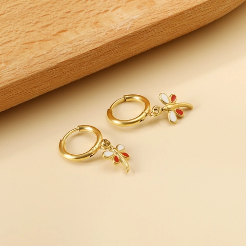 Pendientes De Aro De Libélula De Acero Inoxidable Para Mujer Joyería De Dije De Esmalte Rojo Blanco