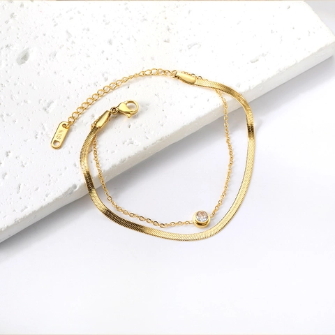 Zweilagiges Edelstahl Armband Vergoldet Flache Schlangenkette Runder Zirkonia Damen Minimalistisches INS Accessoire