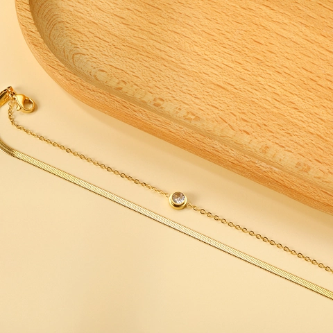 Zweilagiges Edelstahl Armband Vergoldet Flache Schlangenkette Runder Zirkonia Damen Minimalistisches INS Accessoire