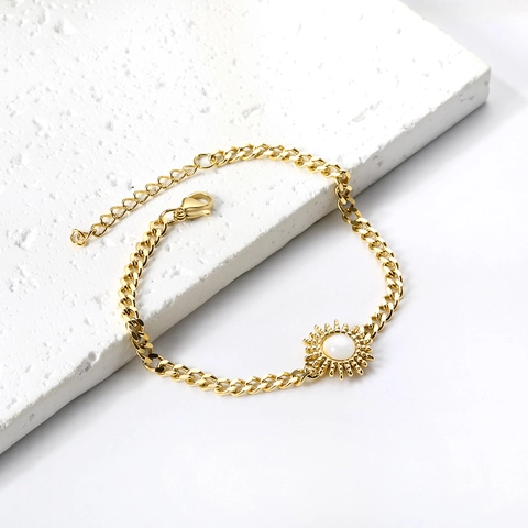 Sun Pendant Bracelet 18K Gold Plated Stainless Steel Cat Eye Stone Retro Cuban Chain Adjustable For Women Niche Style