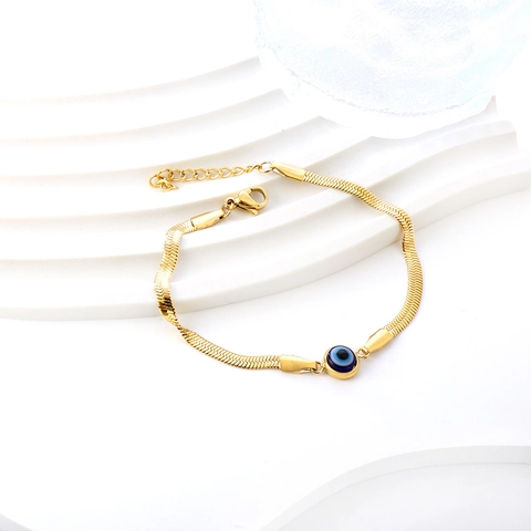 Evil Eye Schlangenarmband Edelstahl Vergoldet Verstellbar Flaches Metall Minimalistischer Schmuck Für Damen