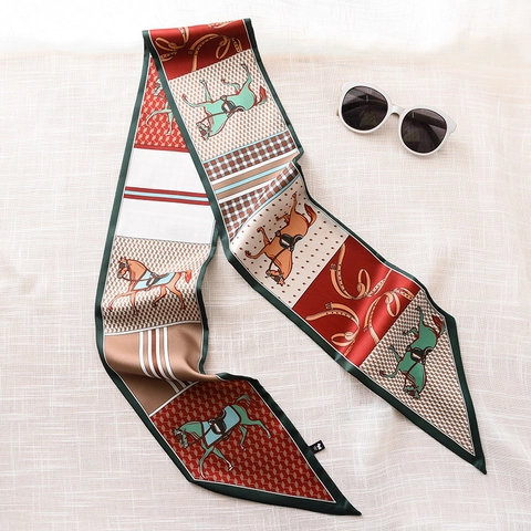 Women Vintage Equestrian Horse Print Satin Skinny Scarf Long Strip Scarf Elegant Handbag Handle Ribbon Hair Tie Accessory