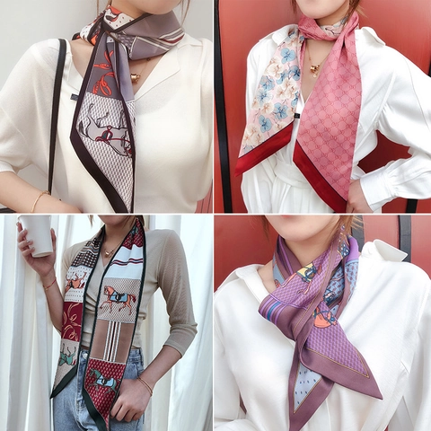 Women Vintage Equestrian Horse Print Satin Skinny Scarf Long Strip Scarf Elegant Handbag Handle Ribbon Hair Tie Accessory